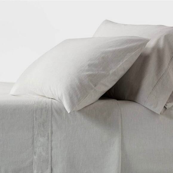 Threshold Queen 250 Thread Ct Organic Percale Solid 4 Pc Sheet Set Gray Chambray - Picture 1 of 9
